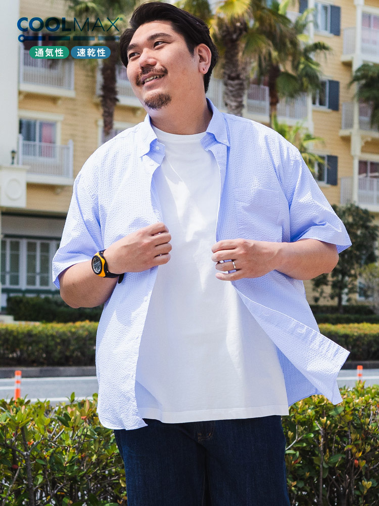 半袖 シャツ COOLMAX シアサッカー 無地＆ストライプ ボタンダウン