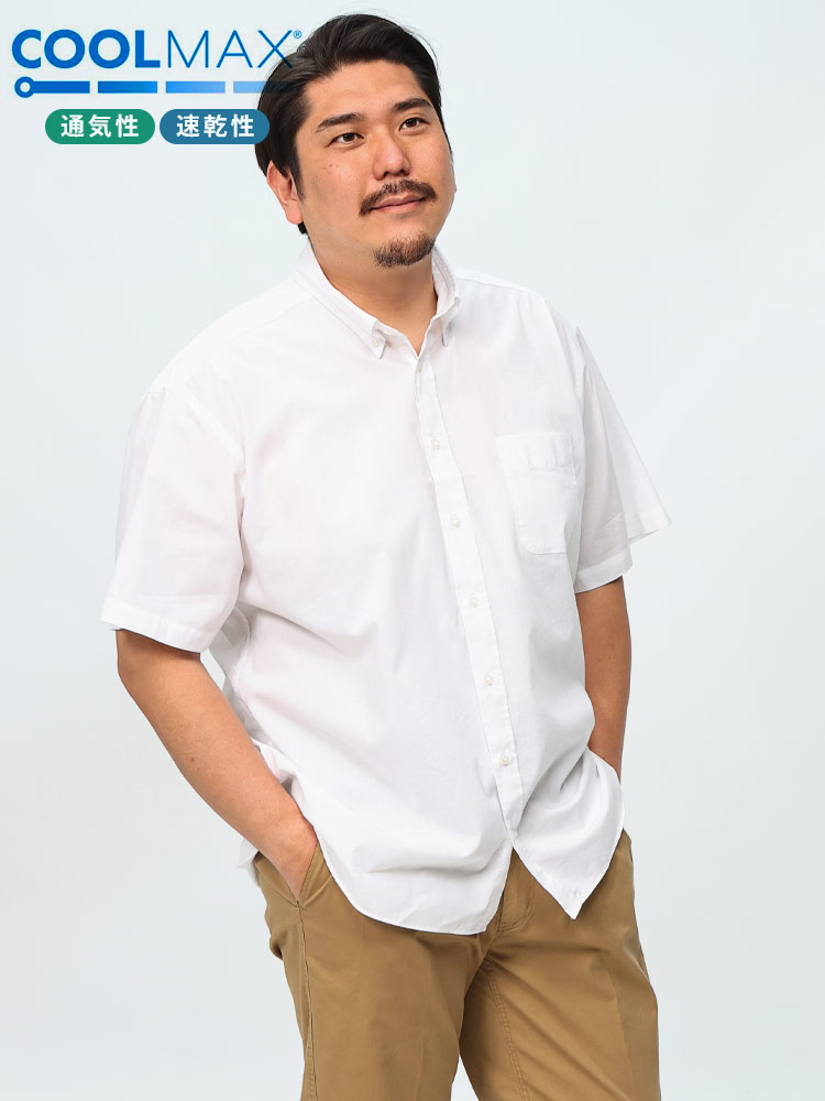 半袖 シャツ COOLMAX リネン混 ポケット付き ボタンダウン トップス