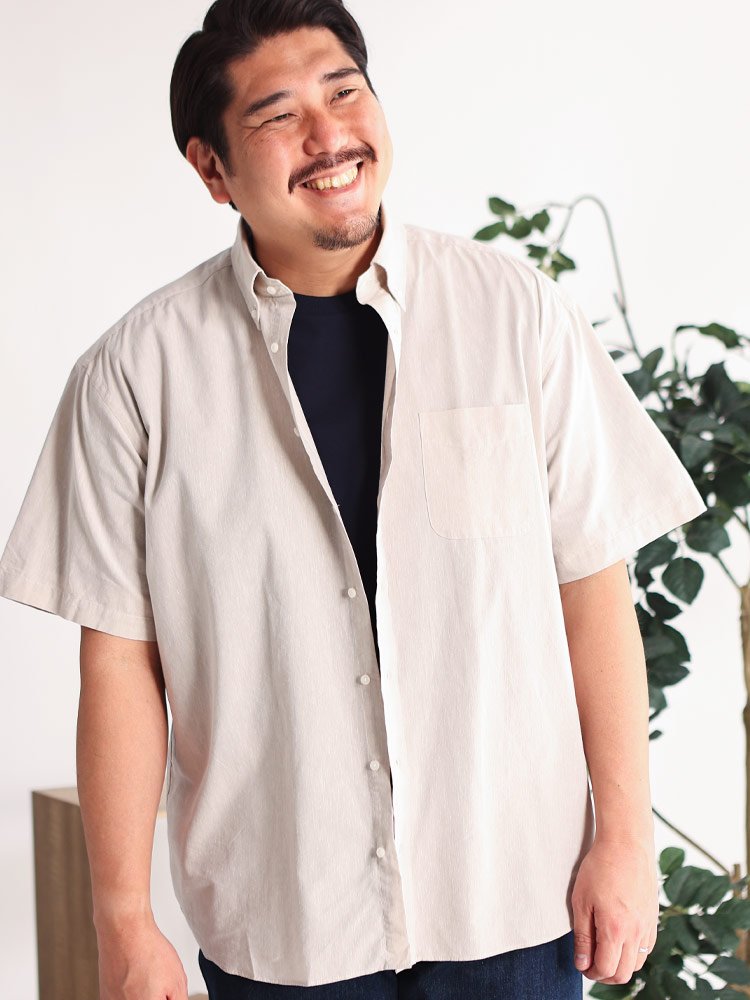 半袖 シャツ COOLMAX リネン混 ポケット付き ボタンダウン トップス