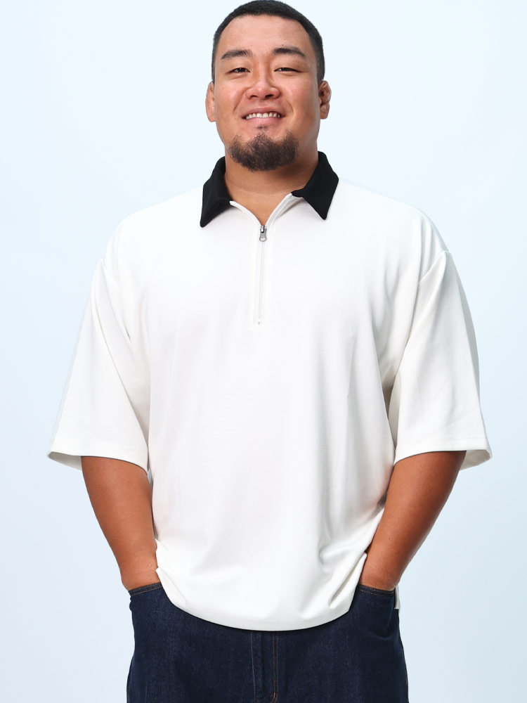 6分袖 ポロシャツ ダンボール生地 ハーフZIP トップス シャツ シンプル