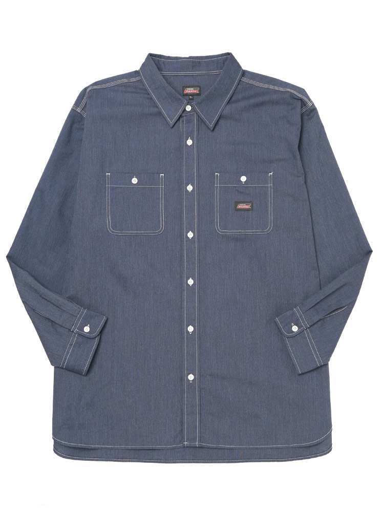 長袖 ワークシャツ 無地＆ストライプ ポケット付き トップス