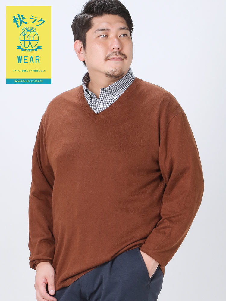 快ラクWEAR ウォッシャブル カシミヤ混 無地 Vネック セーター 快楽