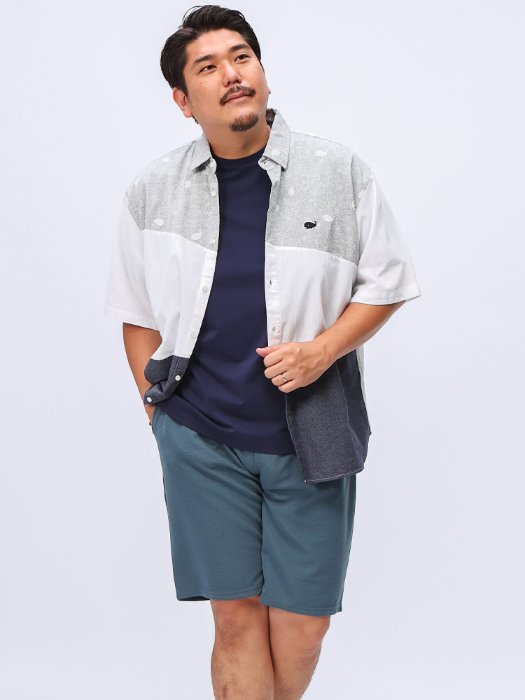 半袖 シャツ FAT ANIMAL クジラ刺繍 切替 トップス カジュアルシャツ