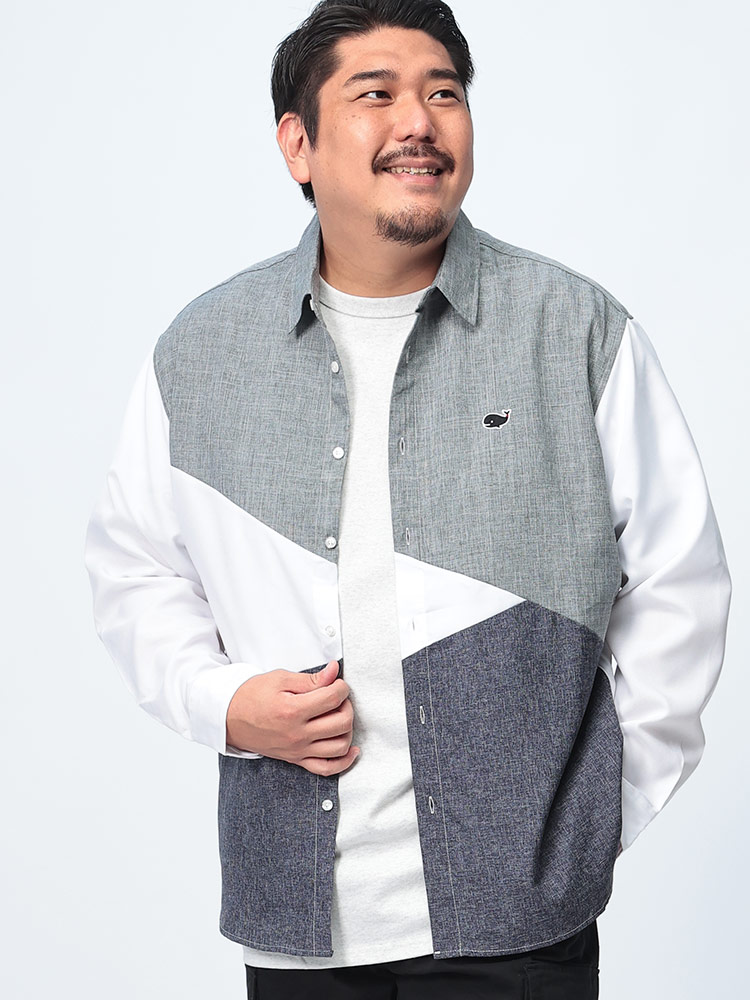 長袖 シャツ FAT ANIMALS クジラ 切り替え トップス シャツ レギュラー