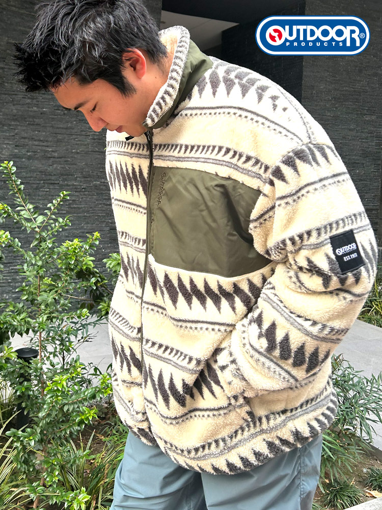 ボアフリース 裏メッシュ 総柄 フルジップ スタンドジャケット