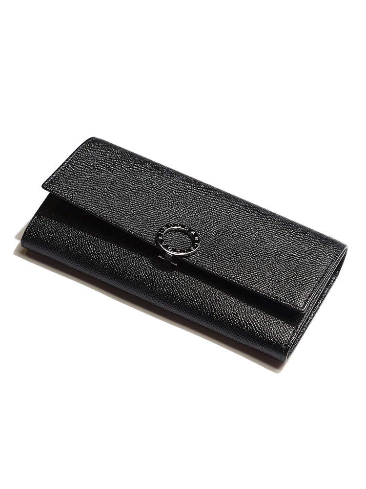 BVLGARI (ブルガリ) レザー ロゴ刻印リング フラップ 長財布 BLACK
