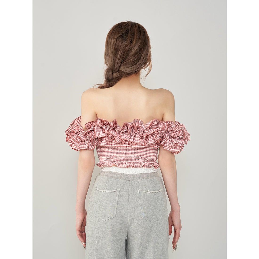ダーリッチ Darich ギンガムチェックオフショルトップス （レッド
