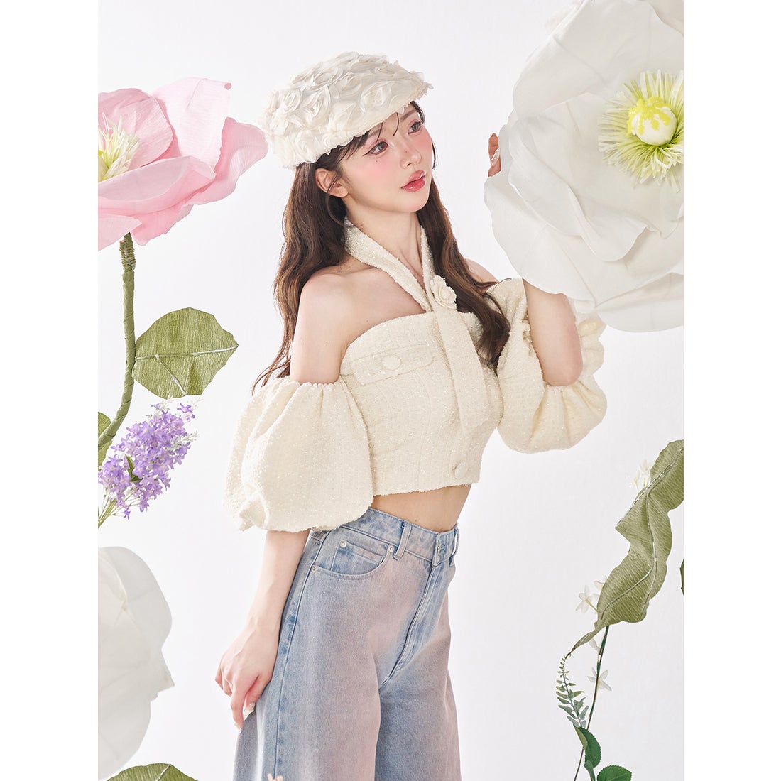 ダーリッチ Darich ホルターネックオフショルツイードトップス