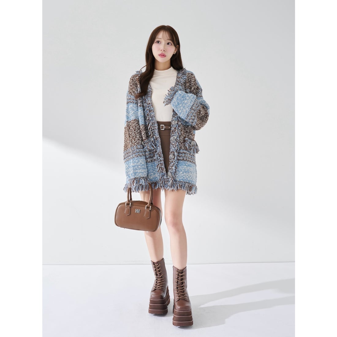 ダーリッチ Darich ツイードボーダーニットカーディガン （ピンク