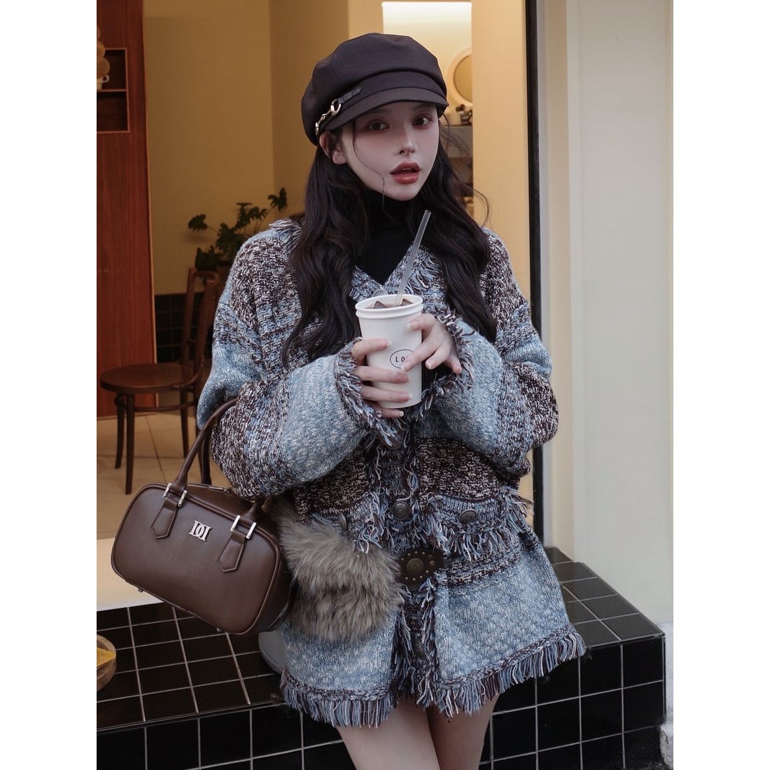 ダーリッチ Darich ツイードボーダーニットカーディガン （サックス