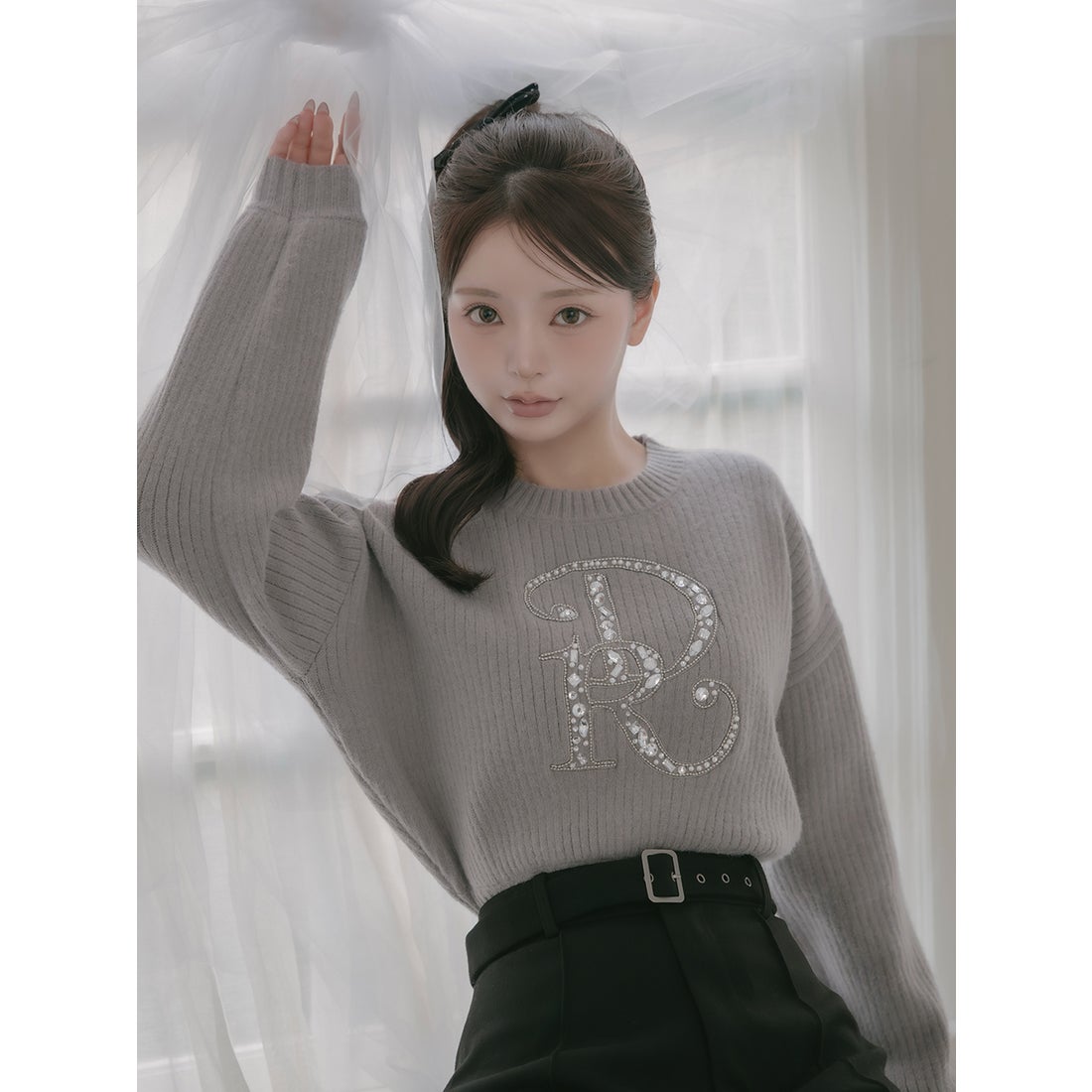 ダーリッチ Darich DRビジューボリュームリブニットトップス （グレー