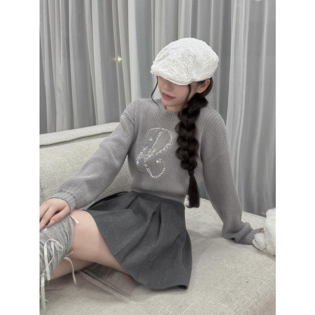 ダーリッチ Darich DRビジューボリュームリブニットトップス （グレー