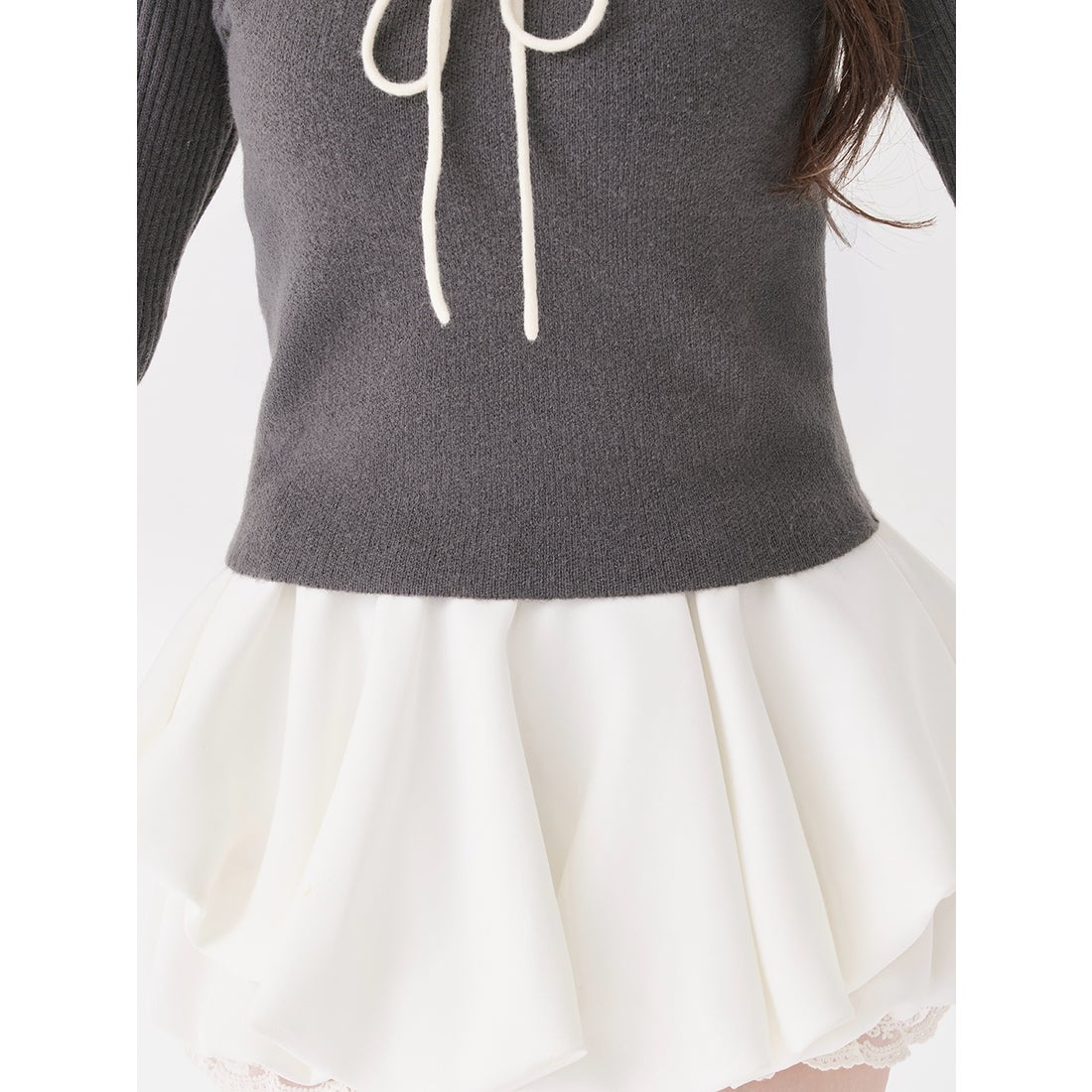 ダーリッチ Darich ステッチリボンオープンニットトップス （グレー