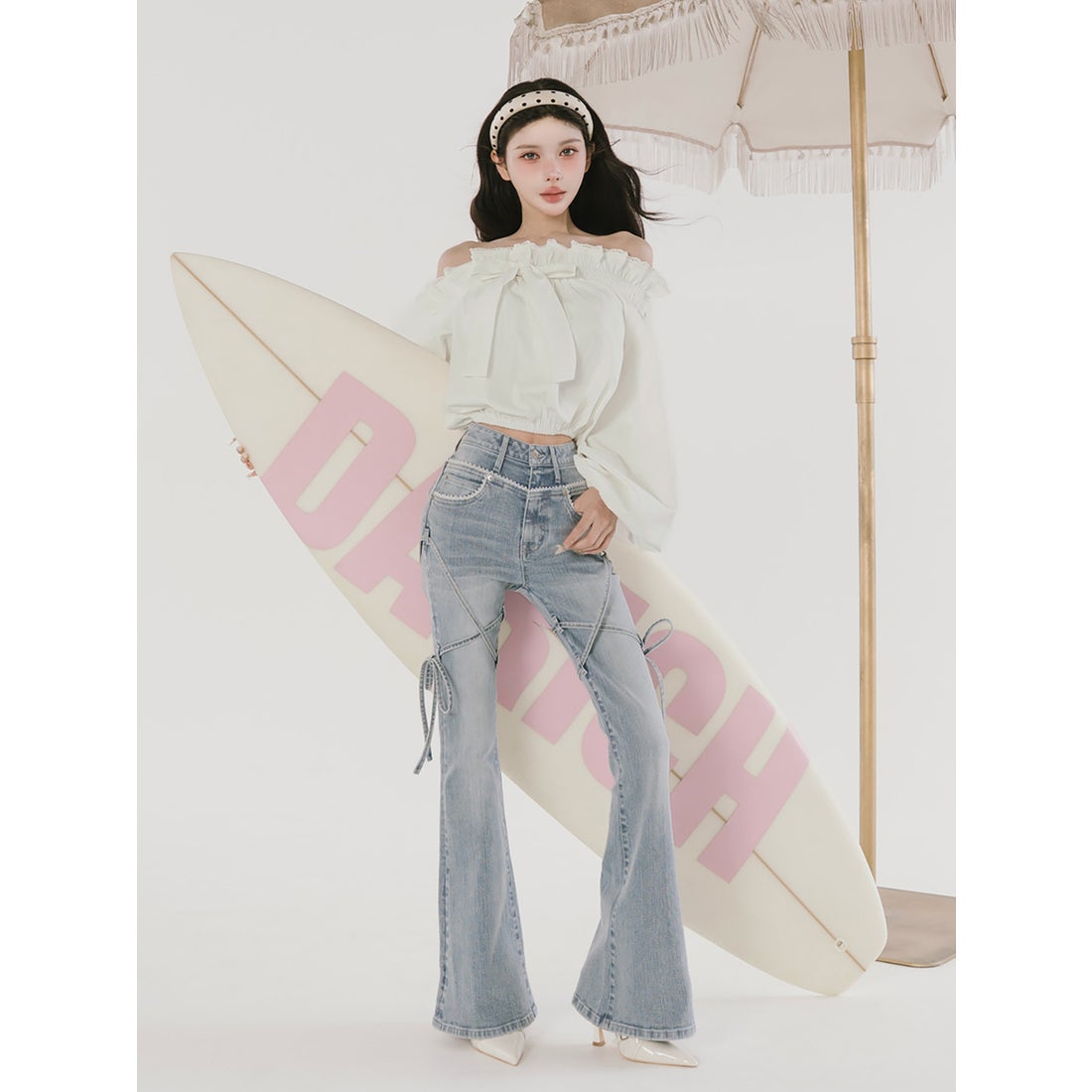 ダーリッチ Darich ピコレースハイウエストフレアデニム （アイス