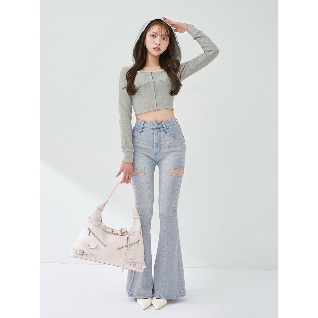 ダーリッチ Darich ドロップビジューフレアデニムパンツ （アイス