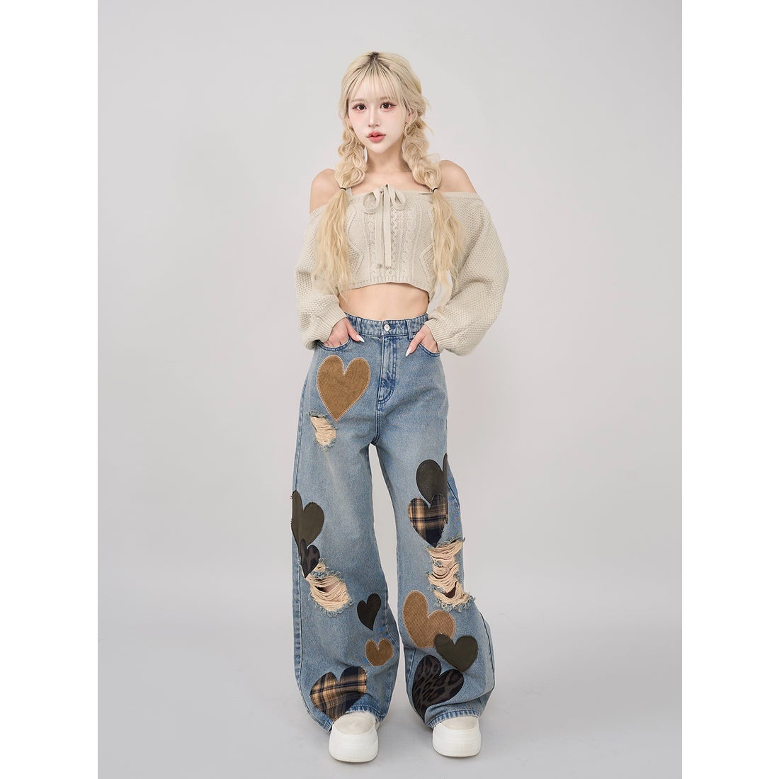 ダーリッチ Darich ランダムハートパッチワークデニムパンツ （ブルー