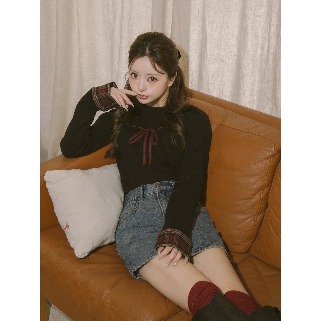 ダーリッチ Darich チェックカフスリボンニットトップス （グレー