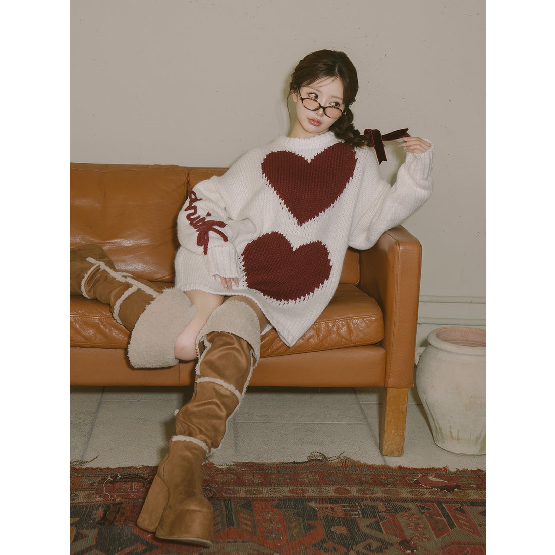 ダーリッチ Darich ハートロゴローゲージニットチュニック （ブラウン