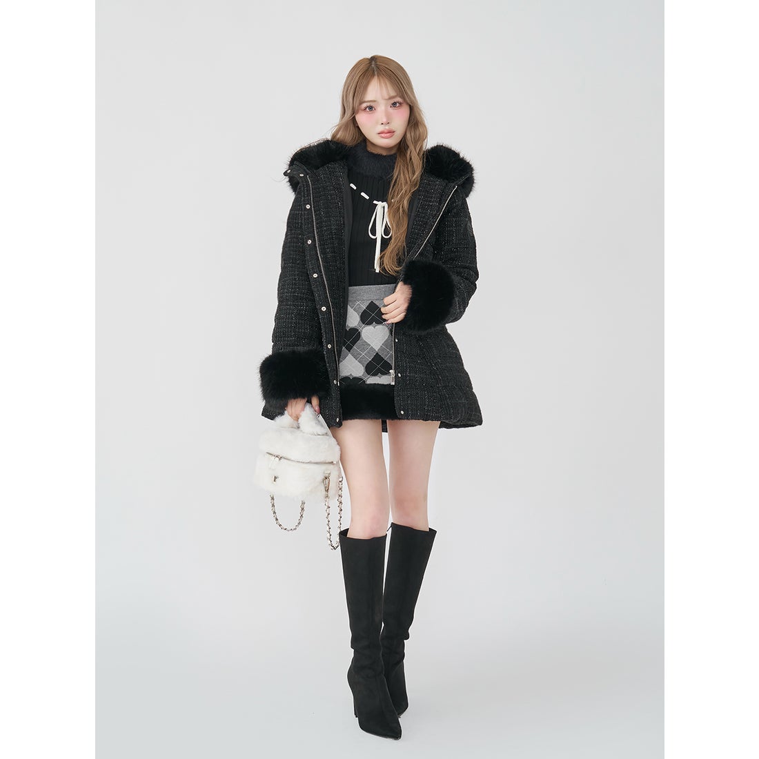 ダーリッチ Darich レディミディツイードダウンコート （ブラック