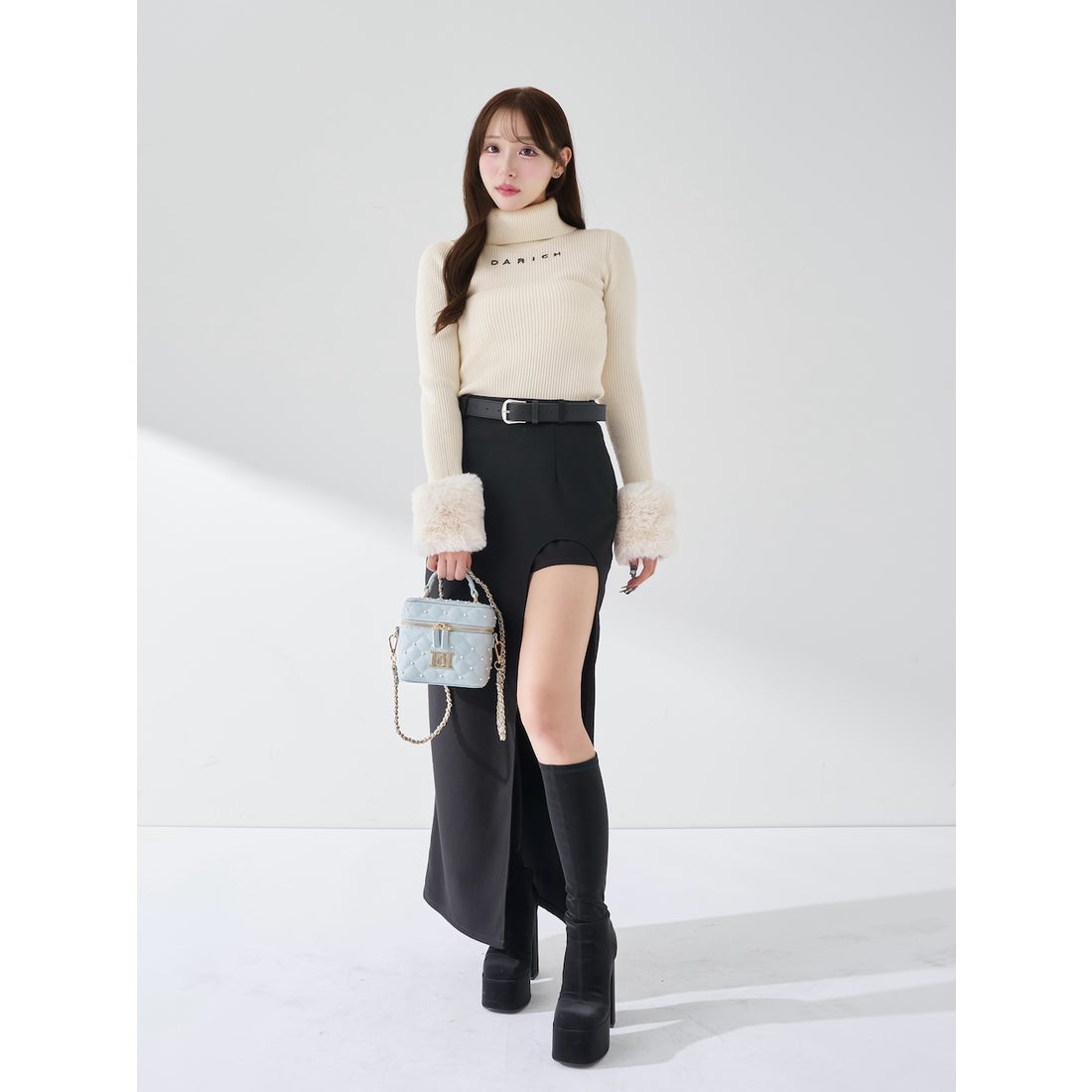 ダーリッチ Darich スムースファーリブニットトップス （ベージュ