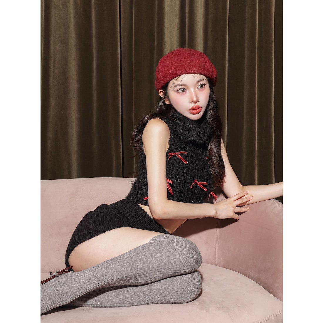 ダーリッチ Darich リボンデザインニットトップス （ブラック） -靴