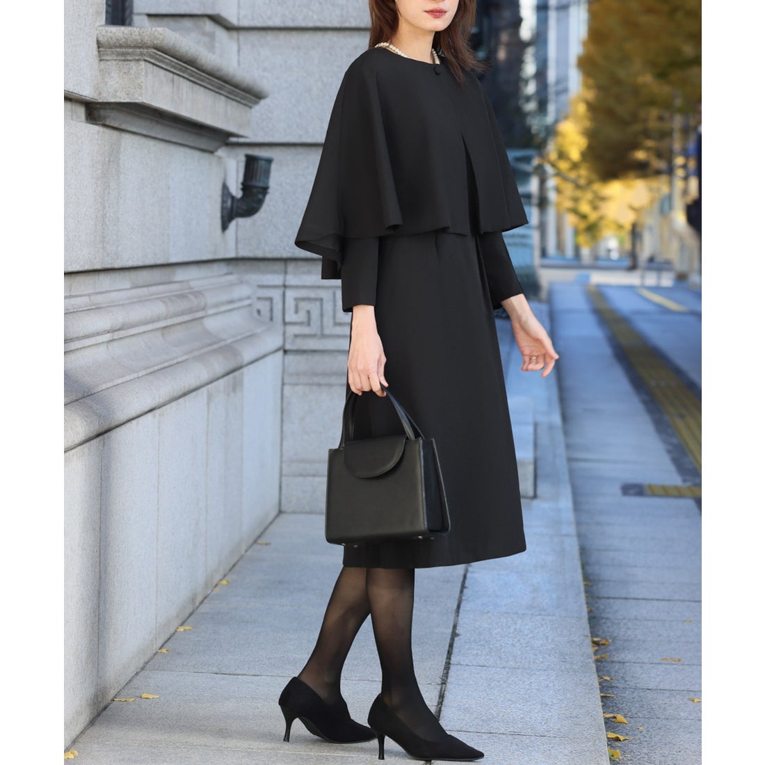 フロリア Flolia 【喪服 礼服】ケープ 膝丈 フレア ワンピース