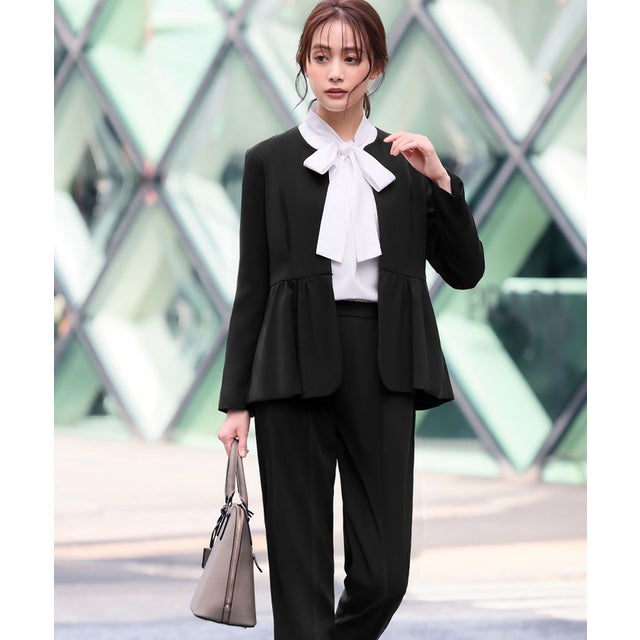 フロリア Flolia 【3点セット】ペプラムノーカラージャケット ボウタイ