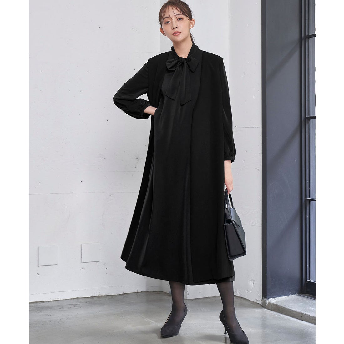 フロリア Flolia 【喪服・礼服】ロングジレ ボウタイフレアワンピース