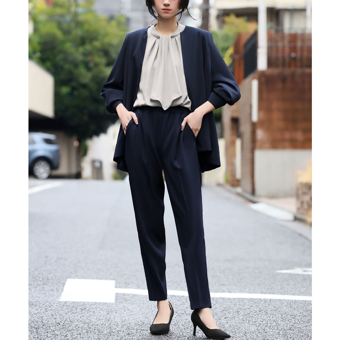 フロリア Flolia 洗える スーツ セットアップ パンツスーツ ノーカラー