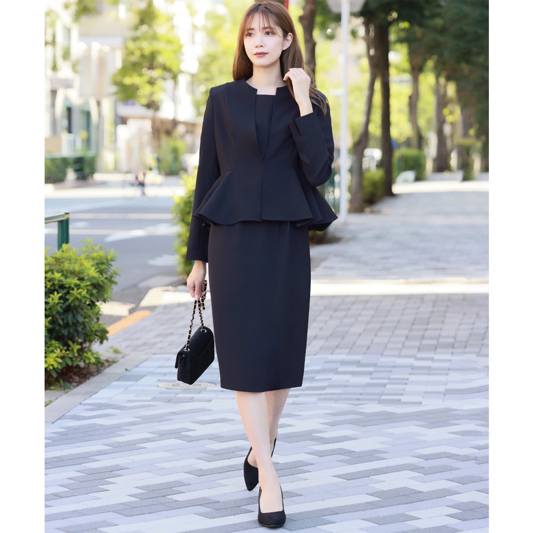 フロリア Flolia ノーカラーペプラムジャケット コクーンワンピース