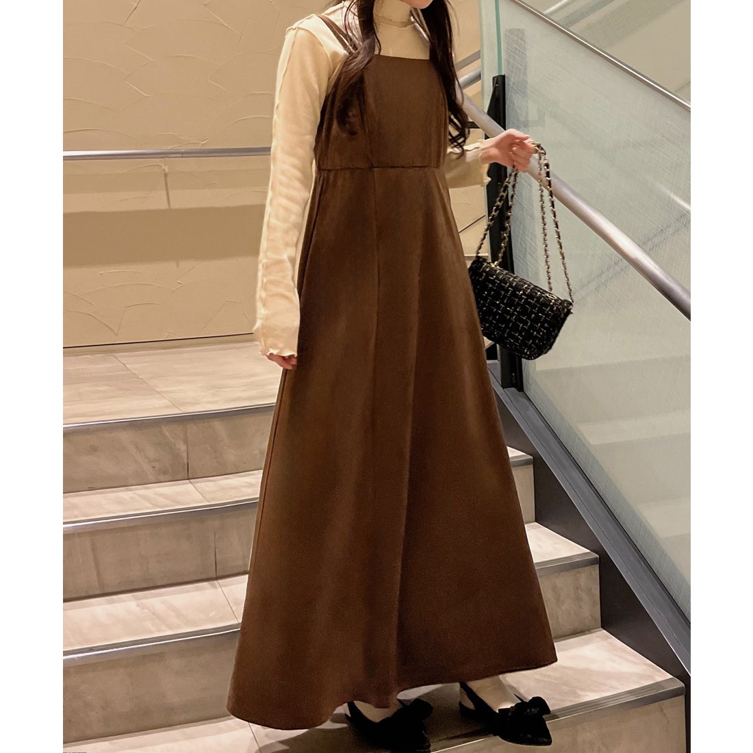 ジュノア JUNOAH べロアフレアキャミワンピース （ブラウン