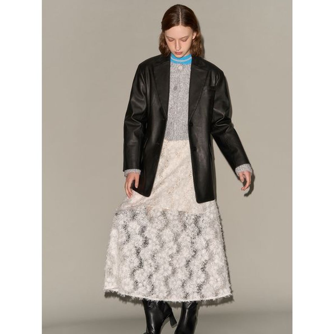 PPFM レザー切り替えニットジャケット カウチン ギミック y2k ブラウン