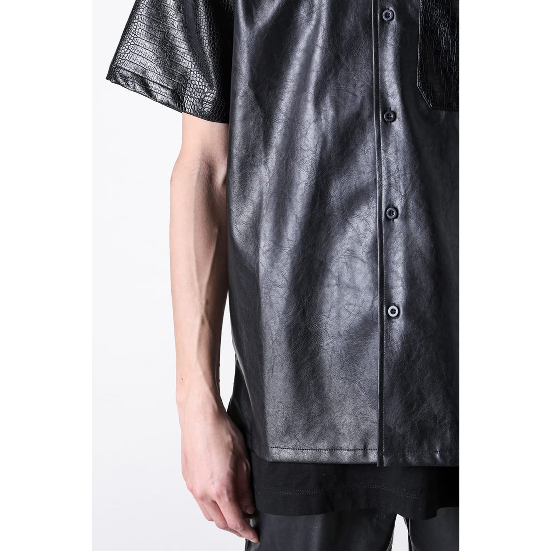 LAST NEST Leather Switching S/S Shirts （Black） - Osaka / Kyoto