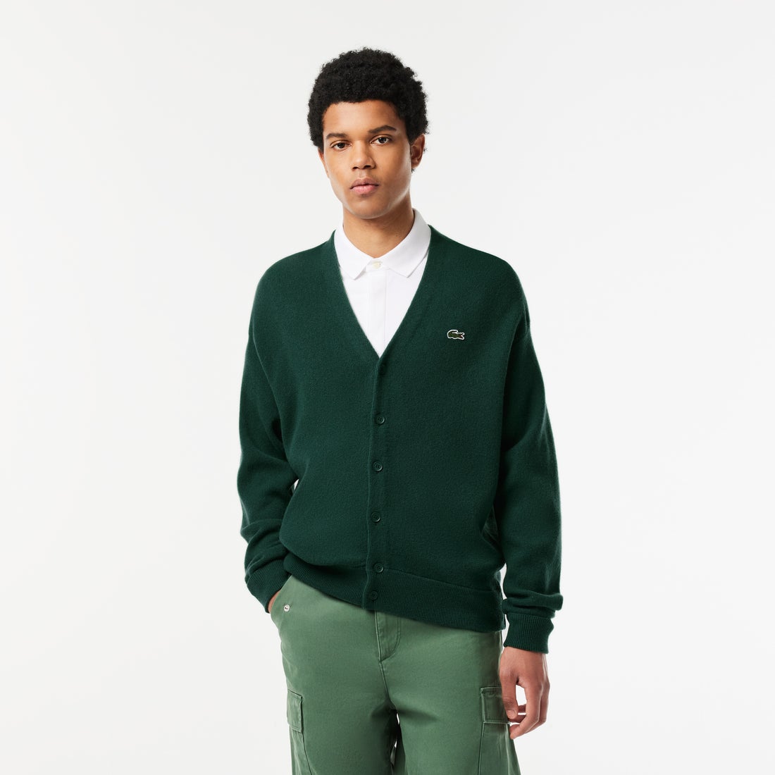 ラコステ LACOSTE ガーター編みVネックカーディガン （グリーン