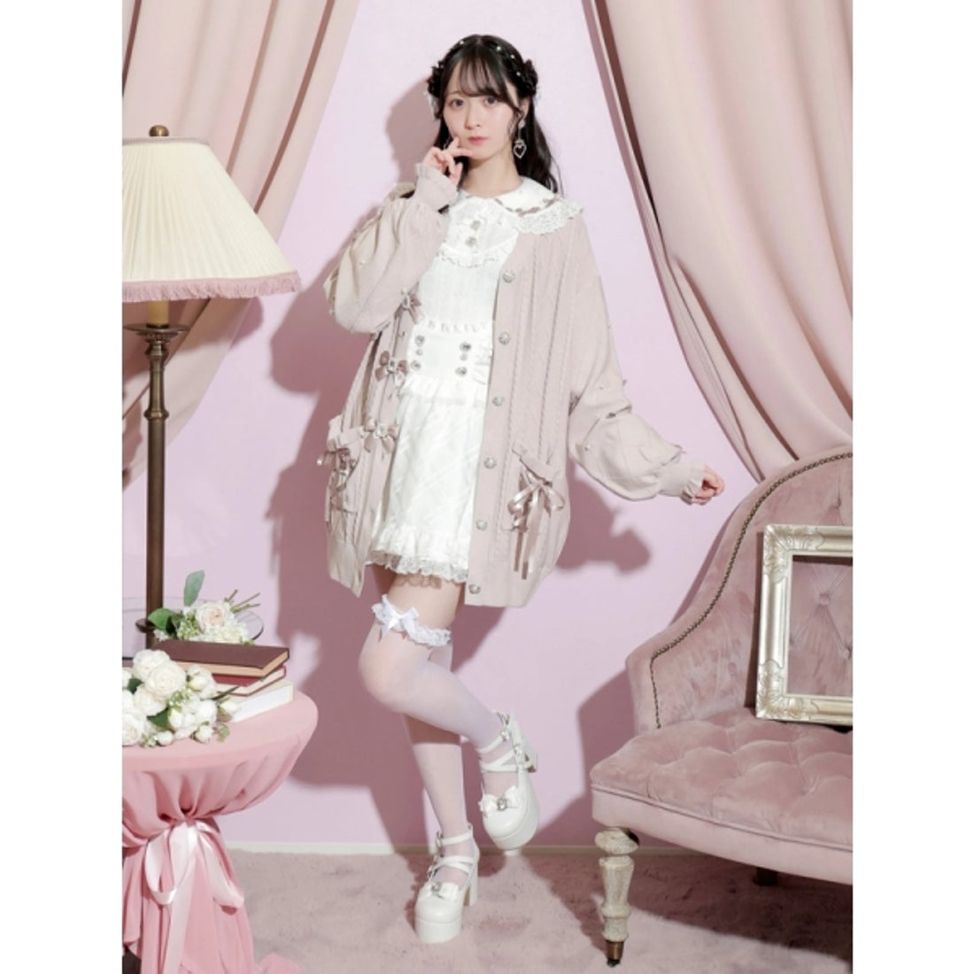 ノエミー NOEMIE キラキラリボンケーブルカーディガン （サックス