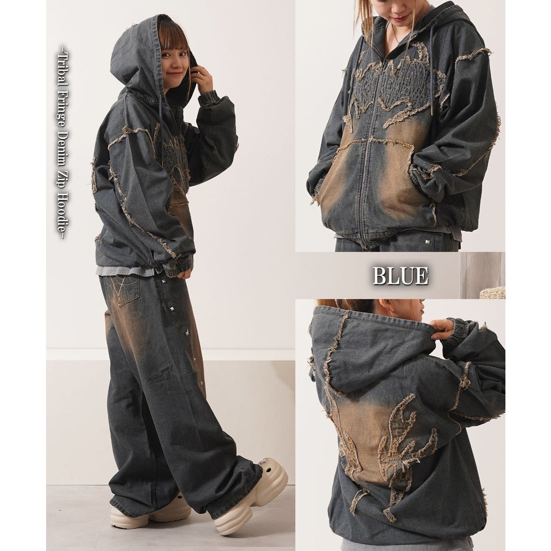 ワンフォークロージング 1111clothing トライバルフリンジ デニムZIP