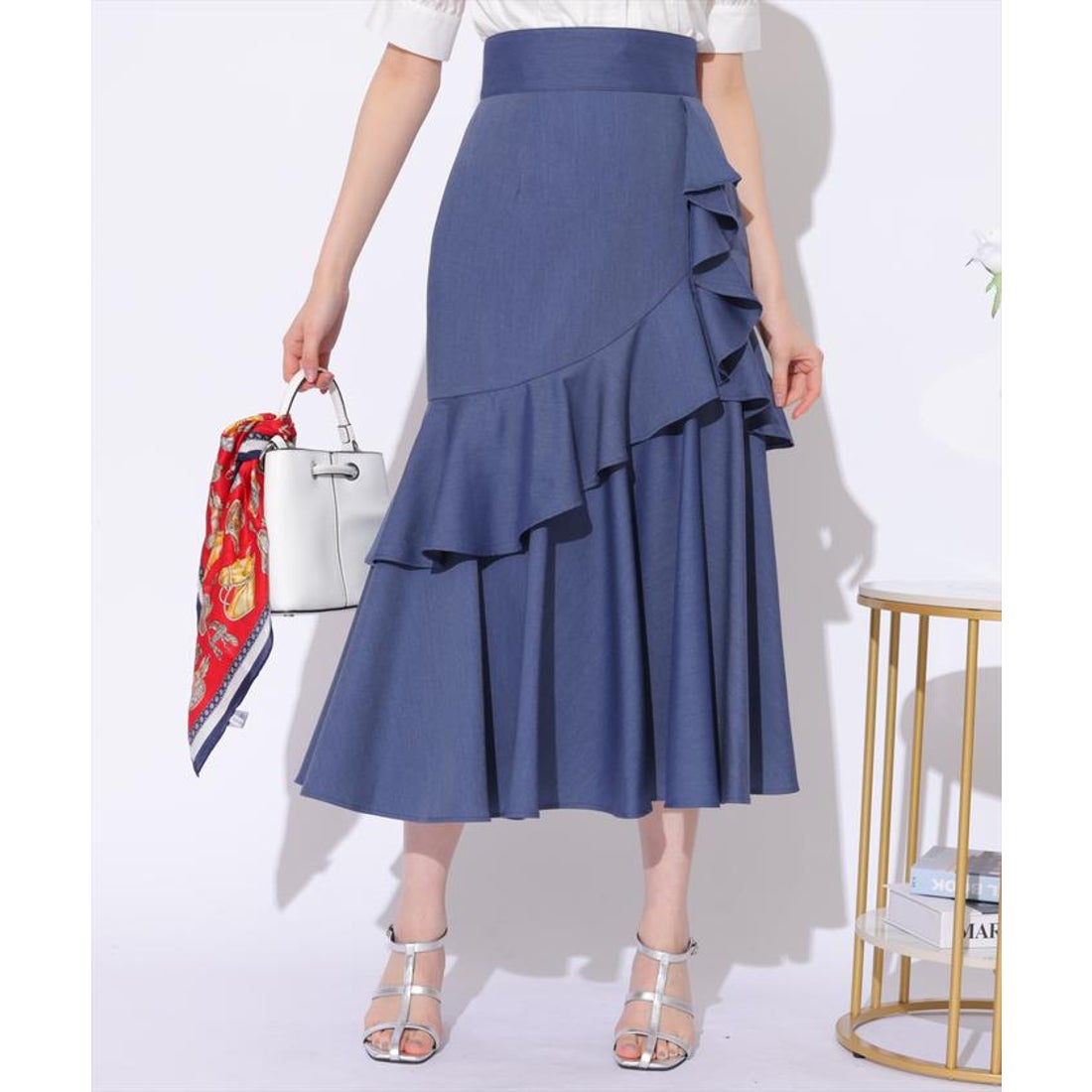 スウィングル SWINGLE アシンメトリーラッフルフリルスカート （ブルー