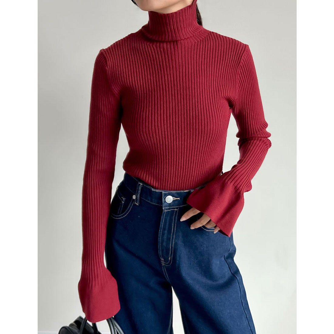 リエディ Re:EDIT フレアスリーブハイネックリブニットトップス