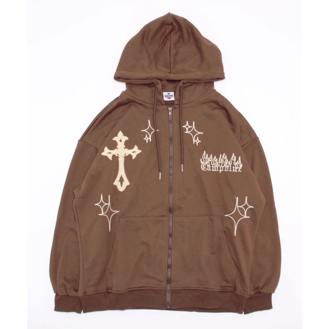 フック HOOK 【HOOK】クロスと炎刺繍ジップパーカー （ブラウン