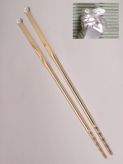 茶道具】 飾火箸 南鐐うさぎ頭 四方 鍍金 *喜多庄兵衛* 茶道道具