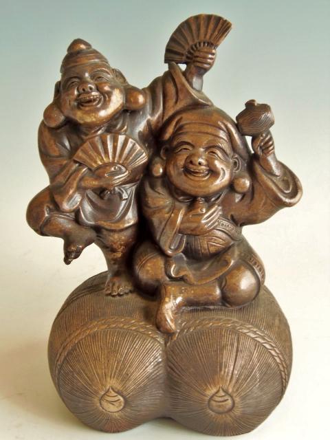 城南骨董-古備前焼 七福神 俵 恵比寿天 大黒天 1079