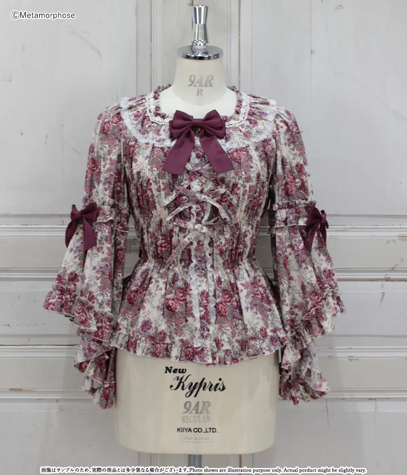 プラスサイズ】ゴブランブーケ スクエアあきロング姫袖ブラウス