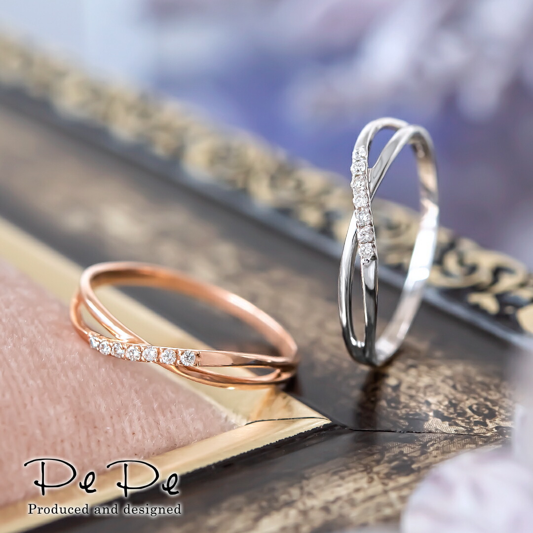 リング K10ピンクゴールド ダイヤモンド合計0.04ct (4月誕生石)(クロス