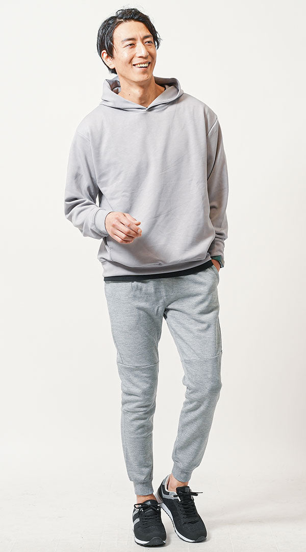グレーパーカー 黒Tシャツ グレーパンツ snp_nl0544のコーディネート例
