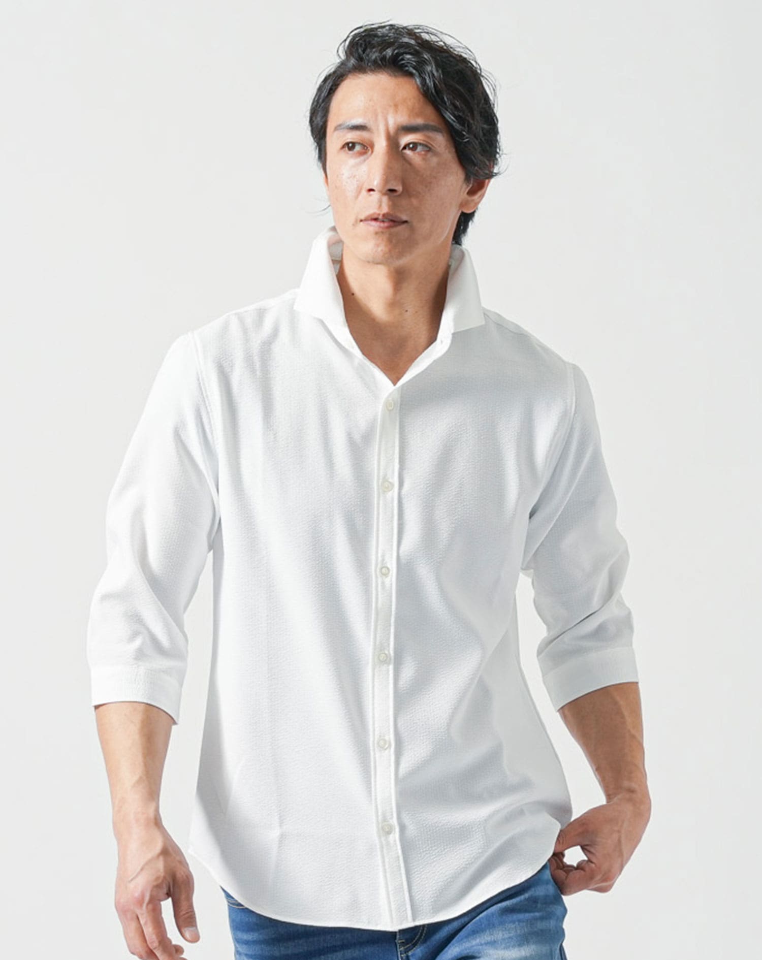 接触冷感日本製ホリゾンタルカラーストレッチ7分袖シャツ シャツ