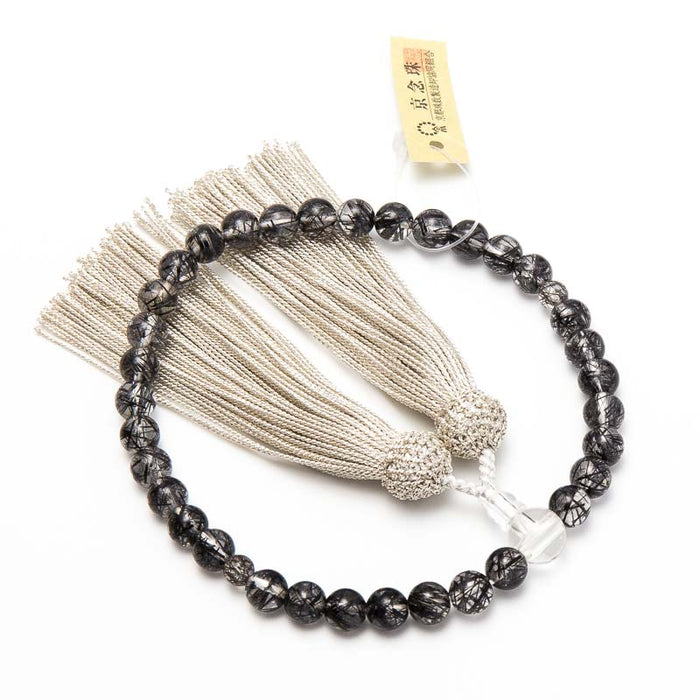 数珠 女性用 ブラックルチル 8mm 水晶仕立(親・ボサ) 銀房 — 仏壇