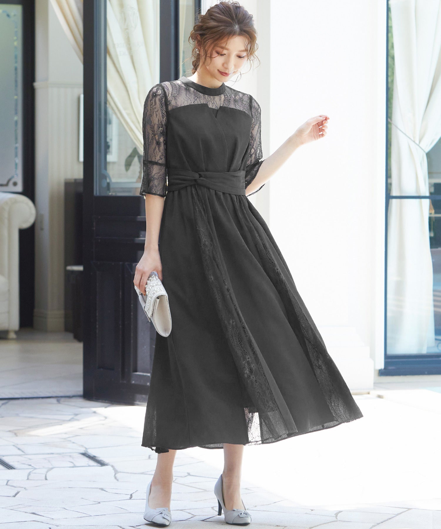 ビスチェ風ハイネックレース結婚式ワンピース｜パーティードレス・結婚