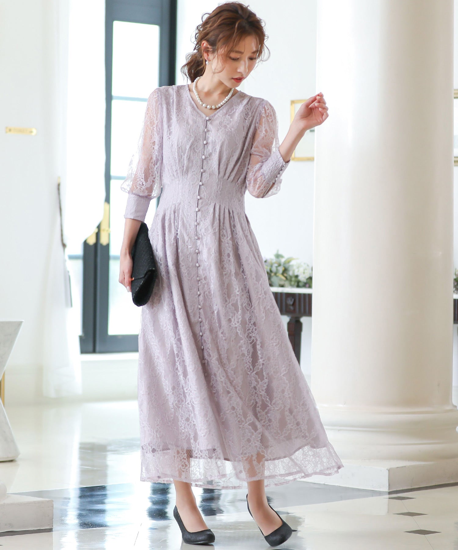 総レース前ボタンパーティーワンピース｜パーティードレス・結婚式