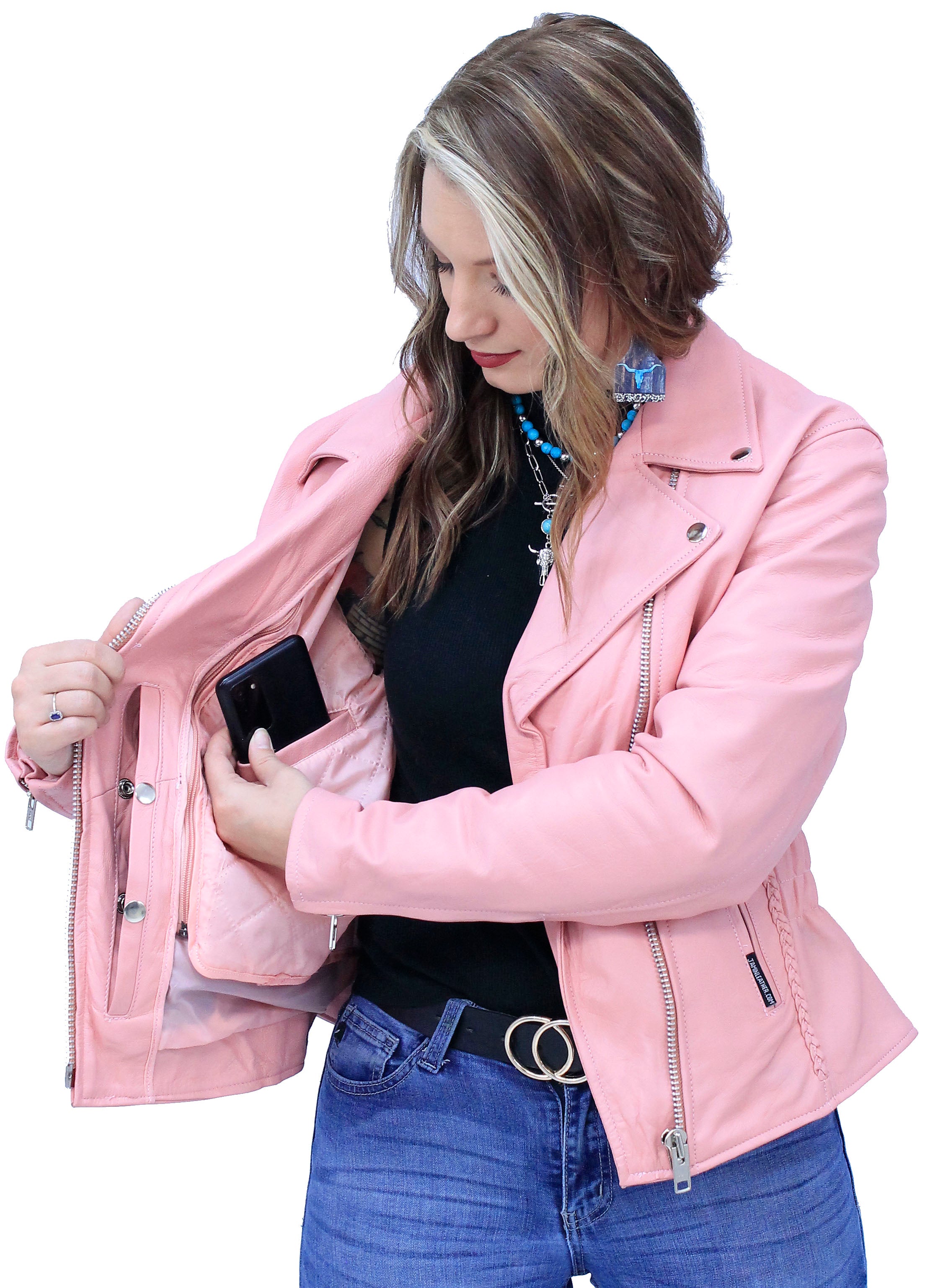 Pink Leather Jacket - Road Angel Motorcycle Jacket #L26522ZP