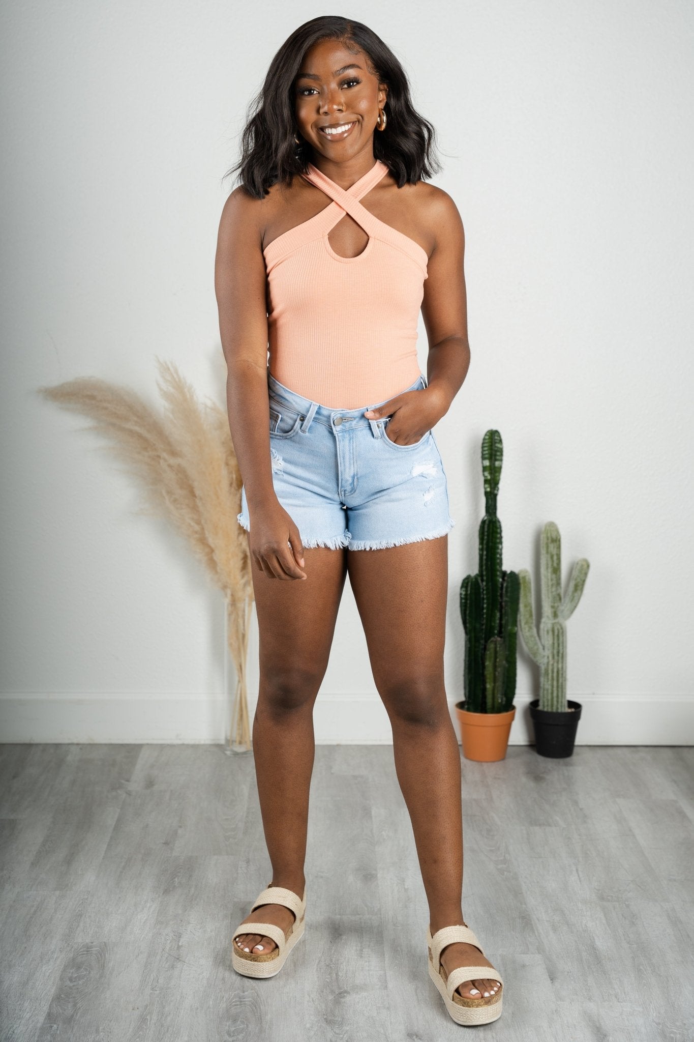 Cross neck ribbed bodysuit peach | Trendy Bodysuits - Lush Fashion